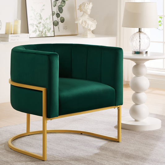 Fern Jade Emerald Upholstered Velvet Accent Chair with Golden Metal Stand and Curved Backrest