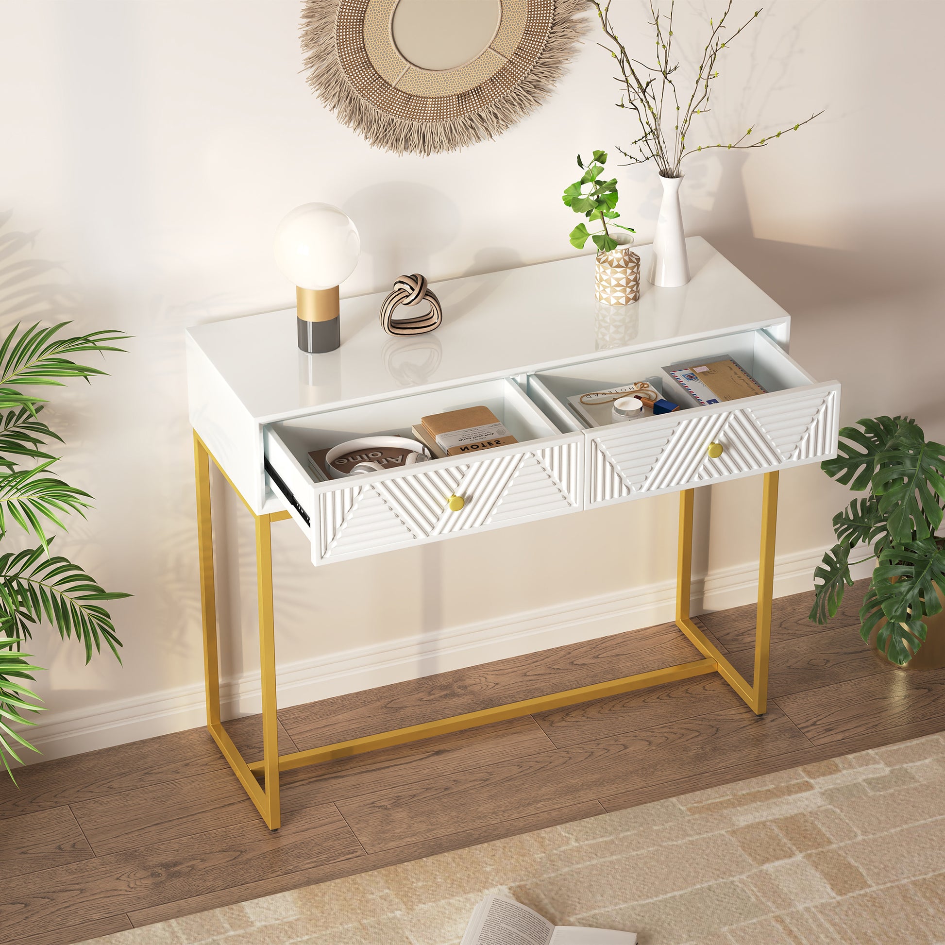 Jessalyn Modern 2-Drawer Console Table with Gold Legs, White