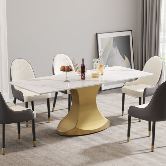 Calypso 78" Modern Faux Marble Dining Table, White & Gold