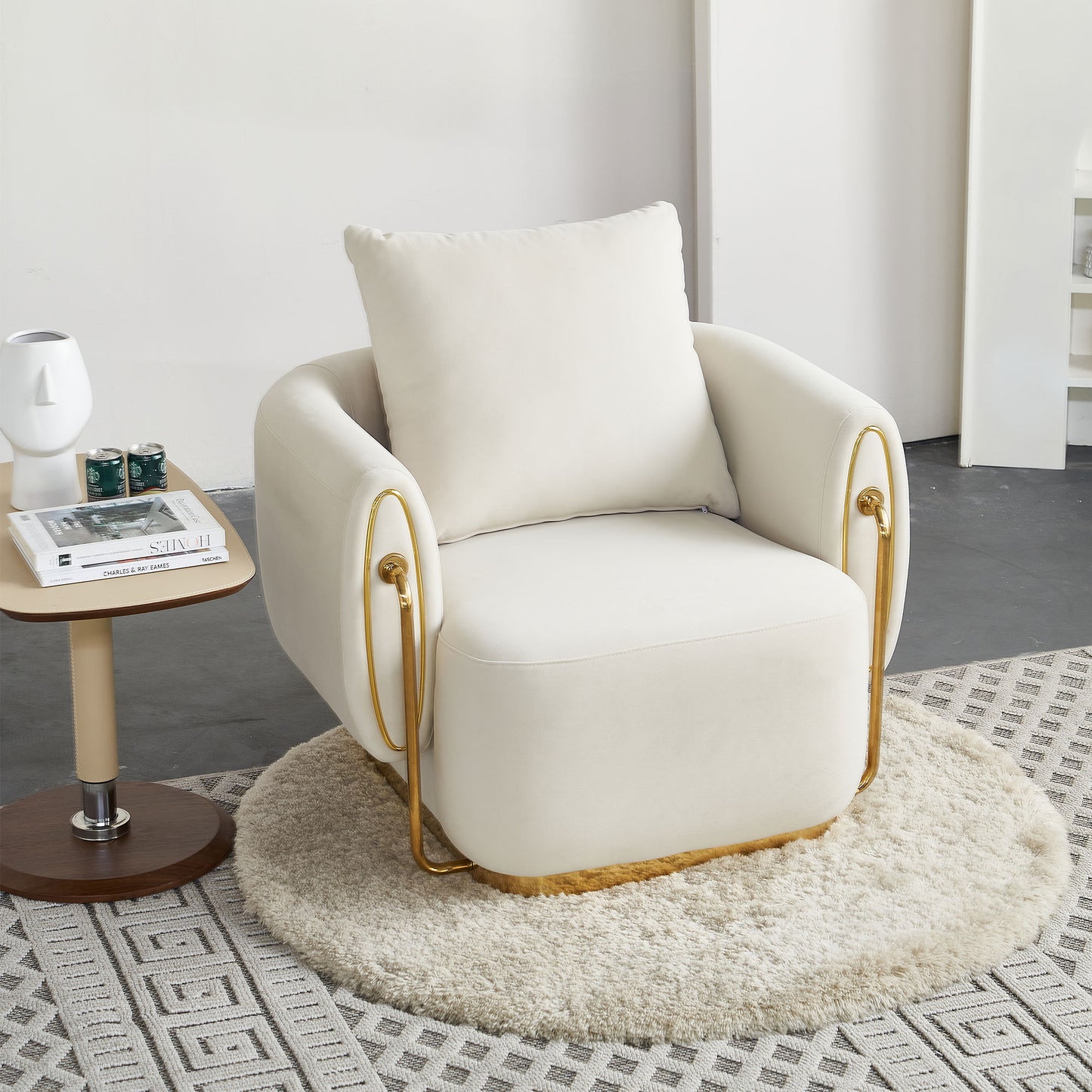 Sibyl Modern Beige Velvet Chair with Solid Wood Frame & Gold Decoration