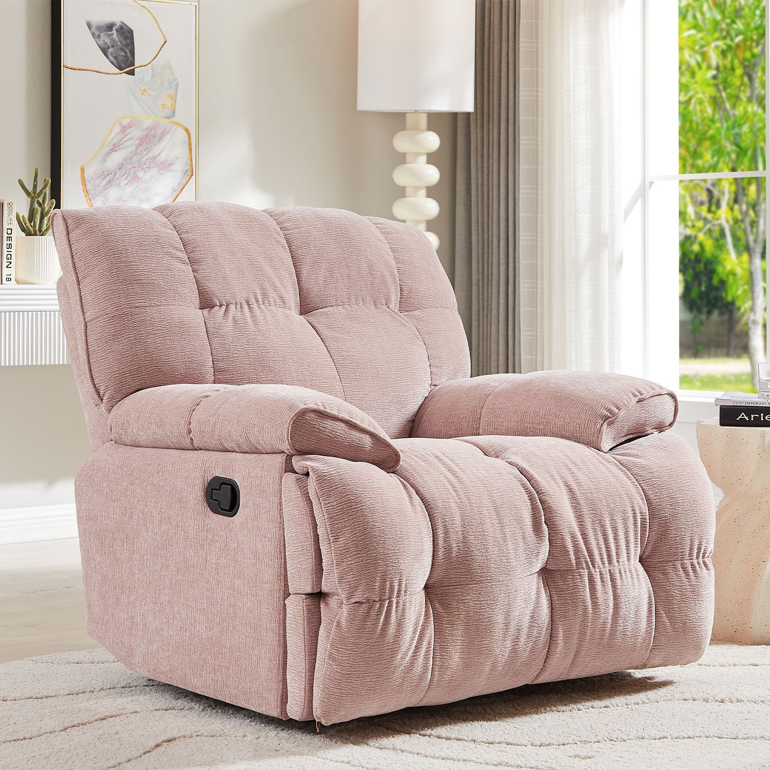 Ysella 360° Upholstered Swivel Reclining Chair with Pillow Arm, Pink