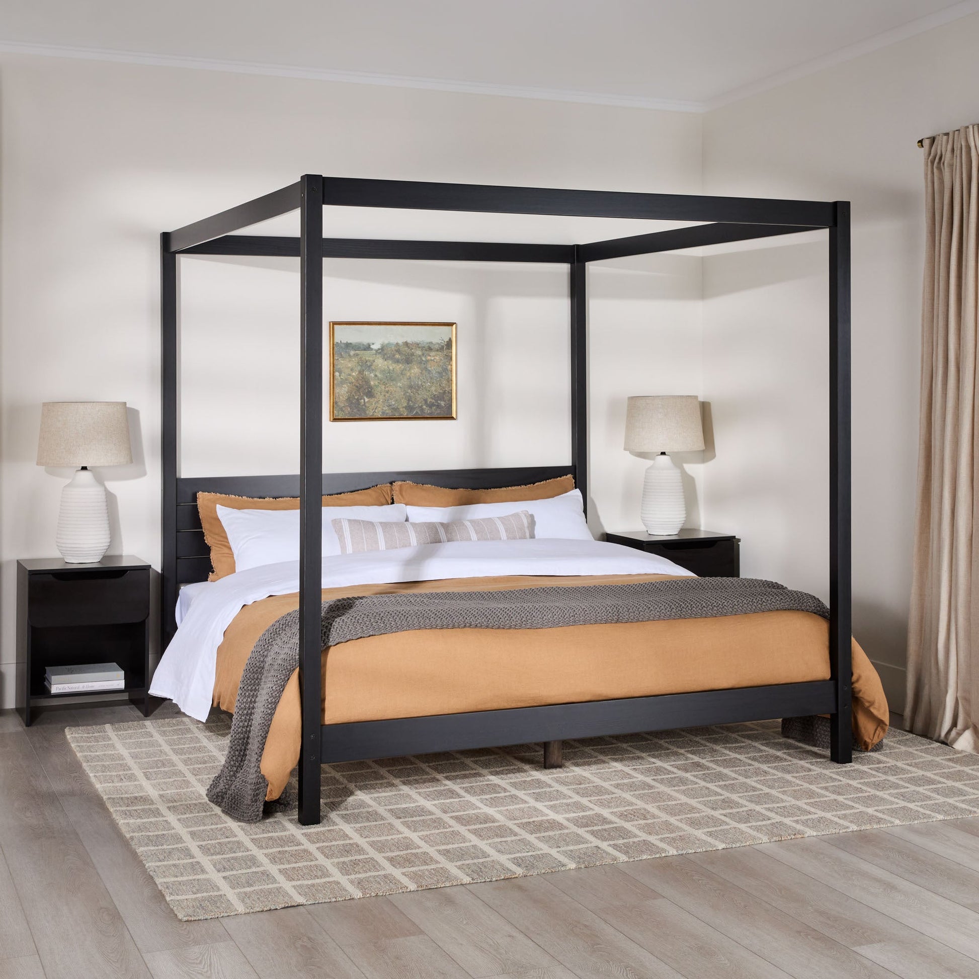 Taylor Modern Minimalist Boho King Canopy Bedframe – Black