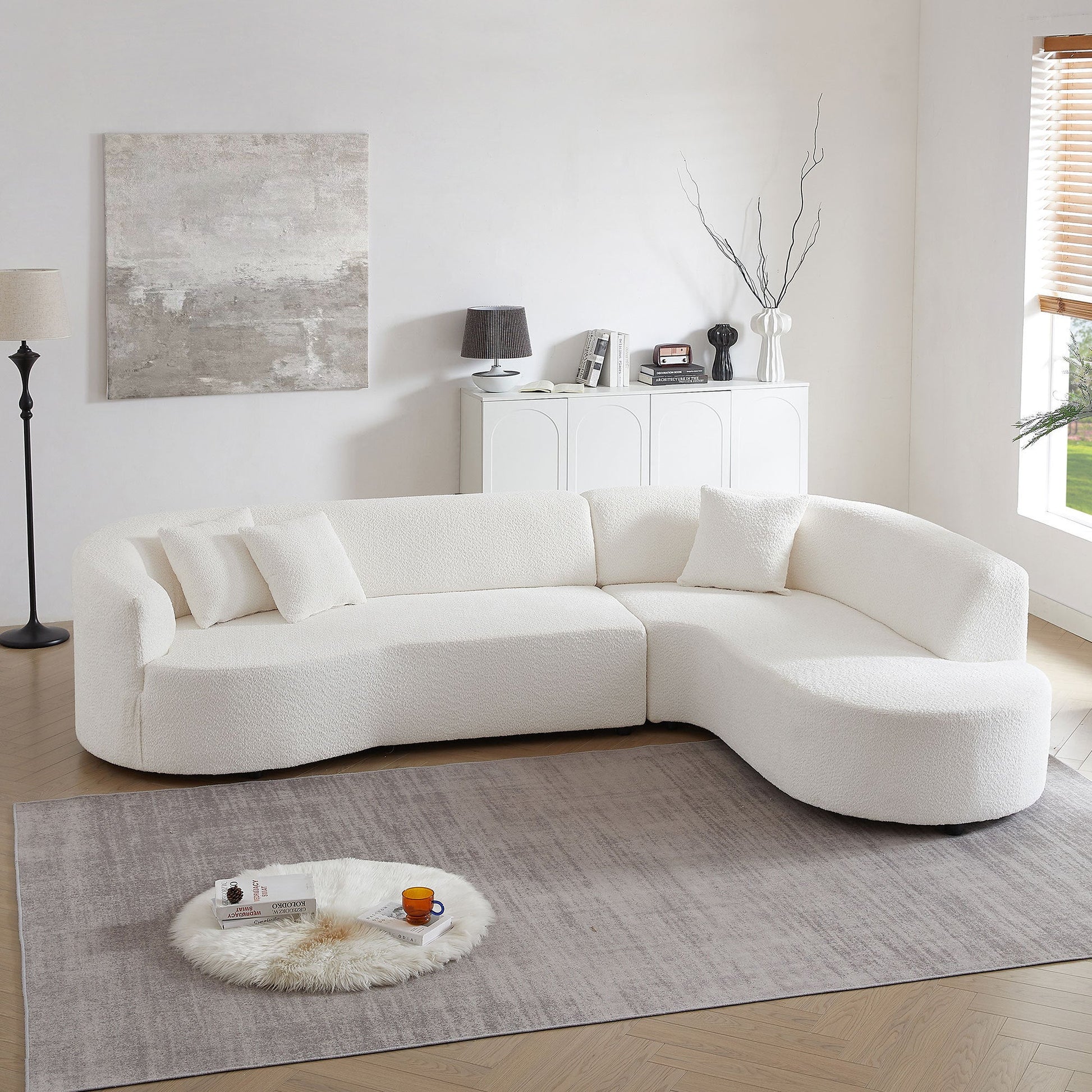 Kassian Modern Curved Sectional in White Boucle Upholstery