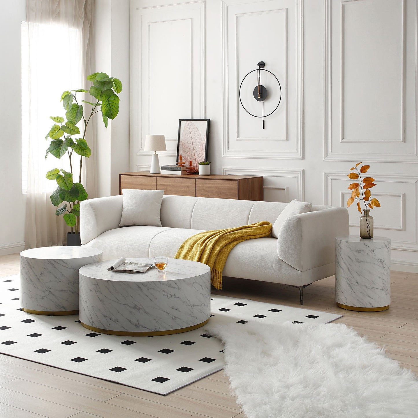 Esme Modern Round Faux Marble Coffee Table with Gold Base, White