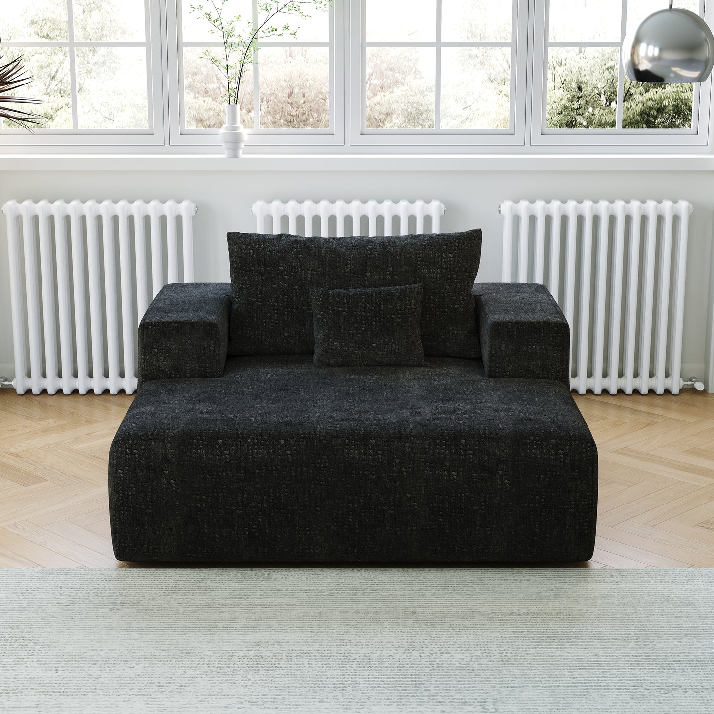 50-inch Chenille Sponge Sofa Lounge Black Fluffy Modern Sleeper Chair