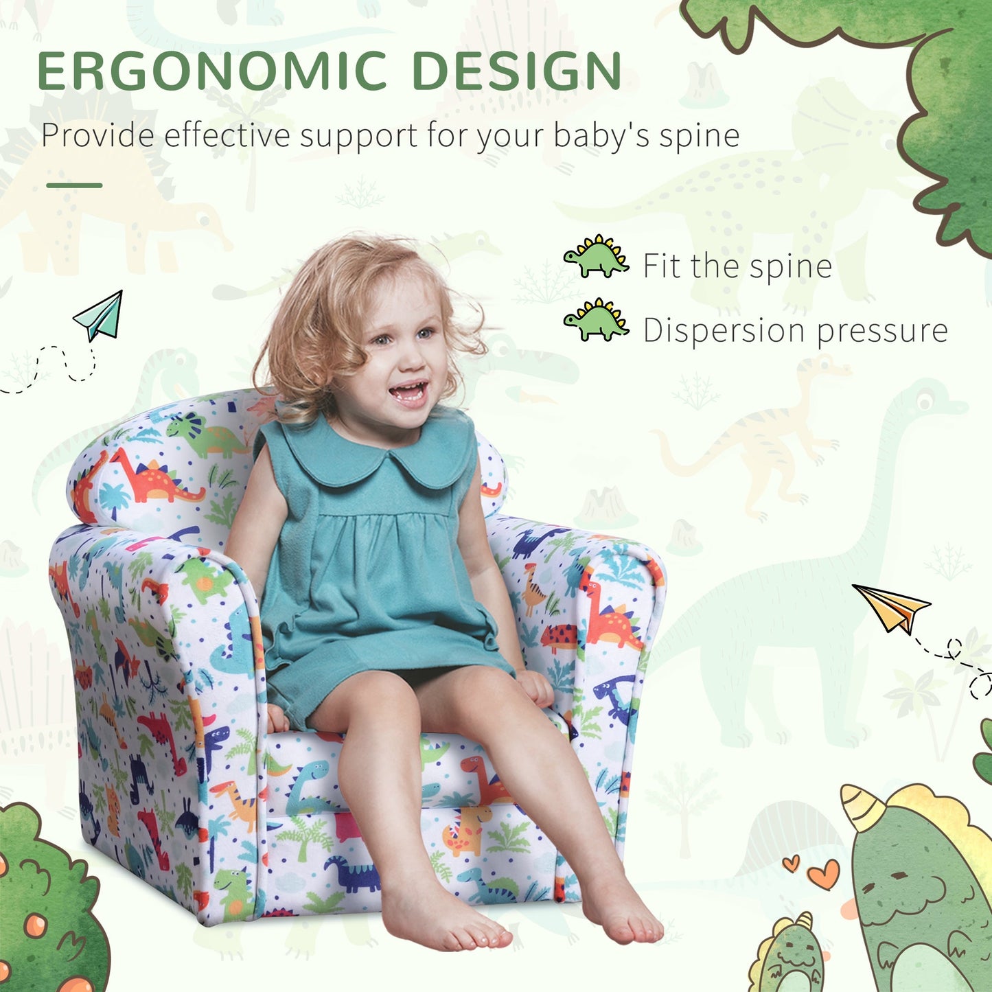 Paula Kid's Sofa Chair with Dinosaur Design and Thick Padding