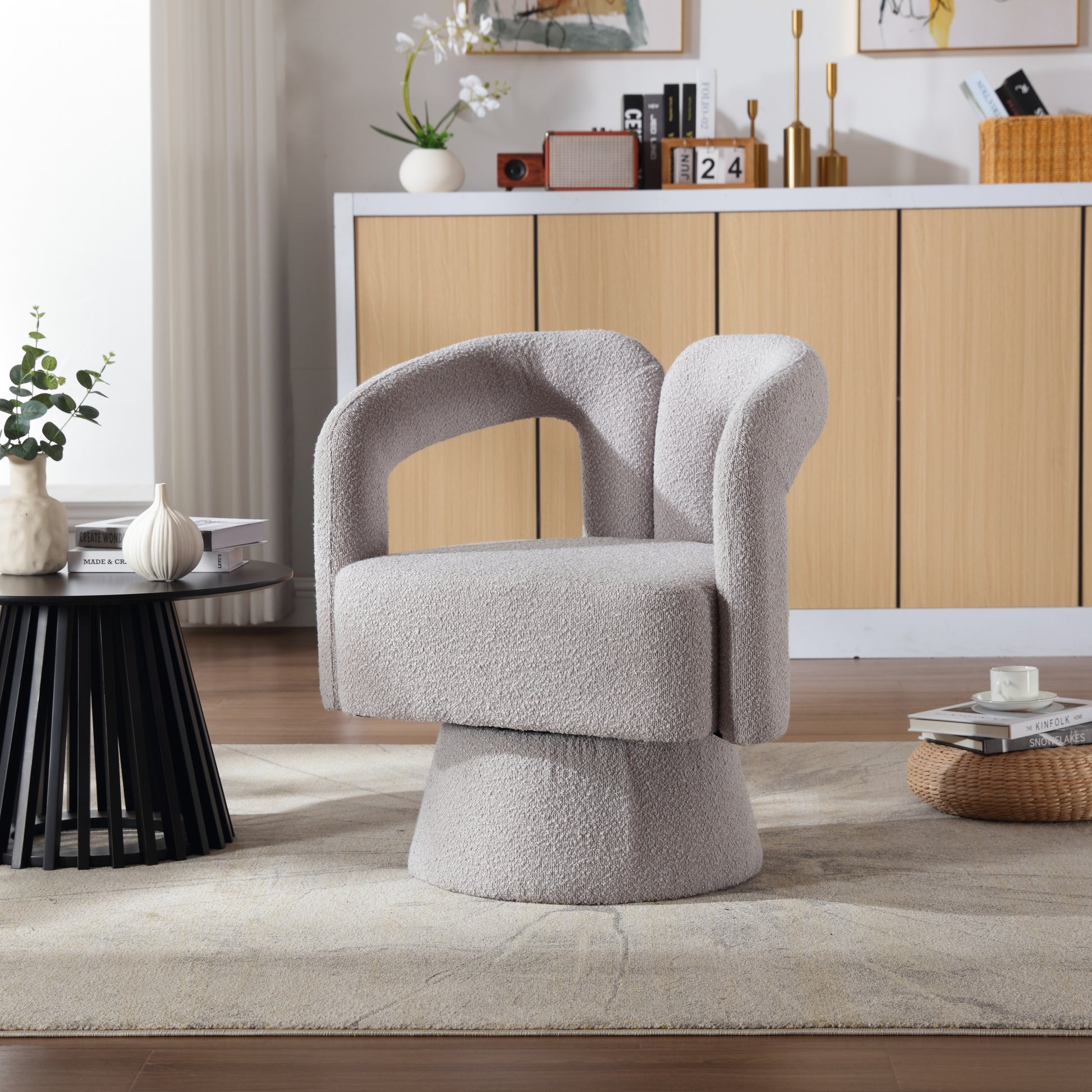 Coolmore Versatile Comfort Light Gray Boucle 360° Swivel Cuddle Barrel Accent Chair