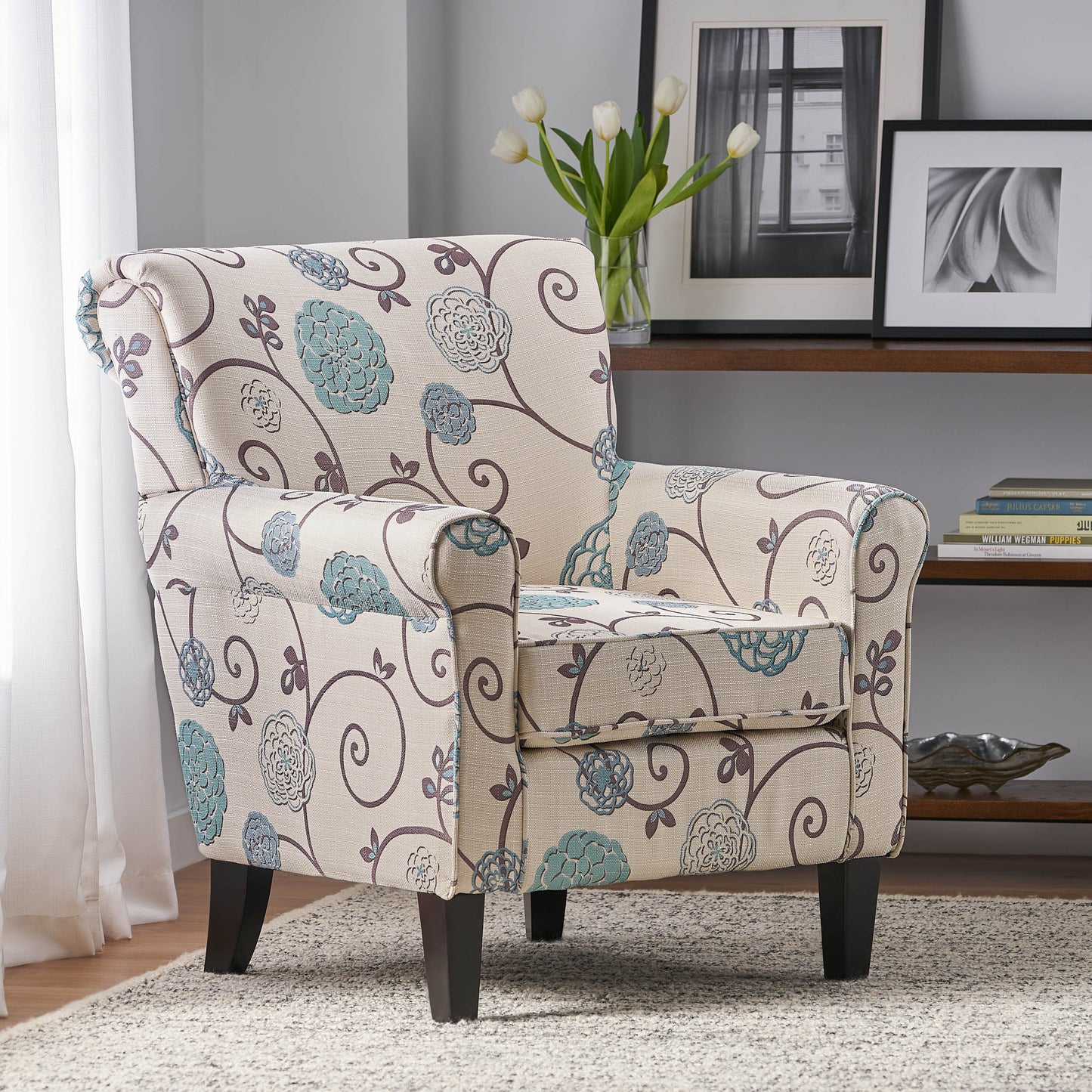 Jasmine Transitional Floral Print Club Chair, White & Blue