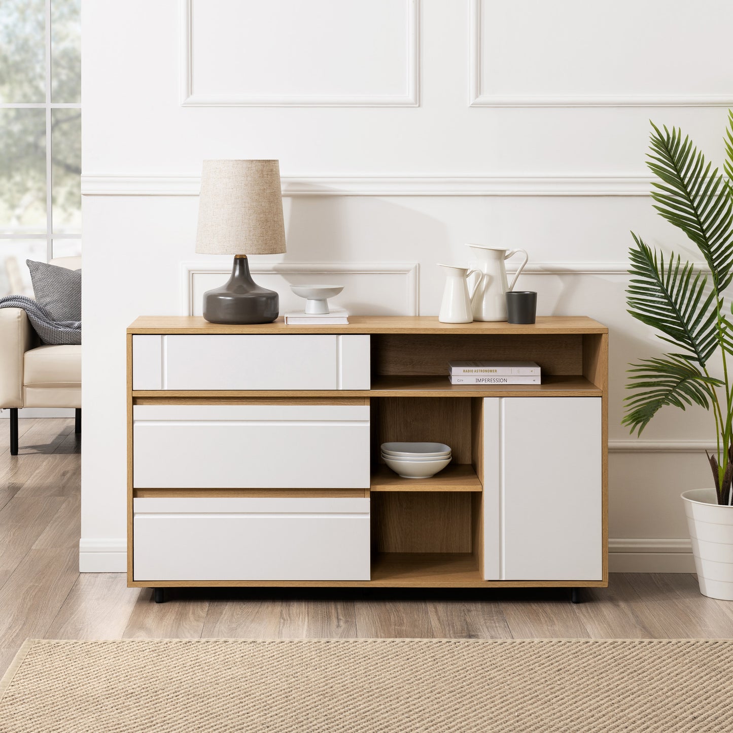 Lennox Mid-Century Modern Sideboard with Open Storage – Coastal Oak / Solid White