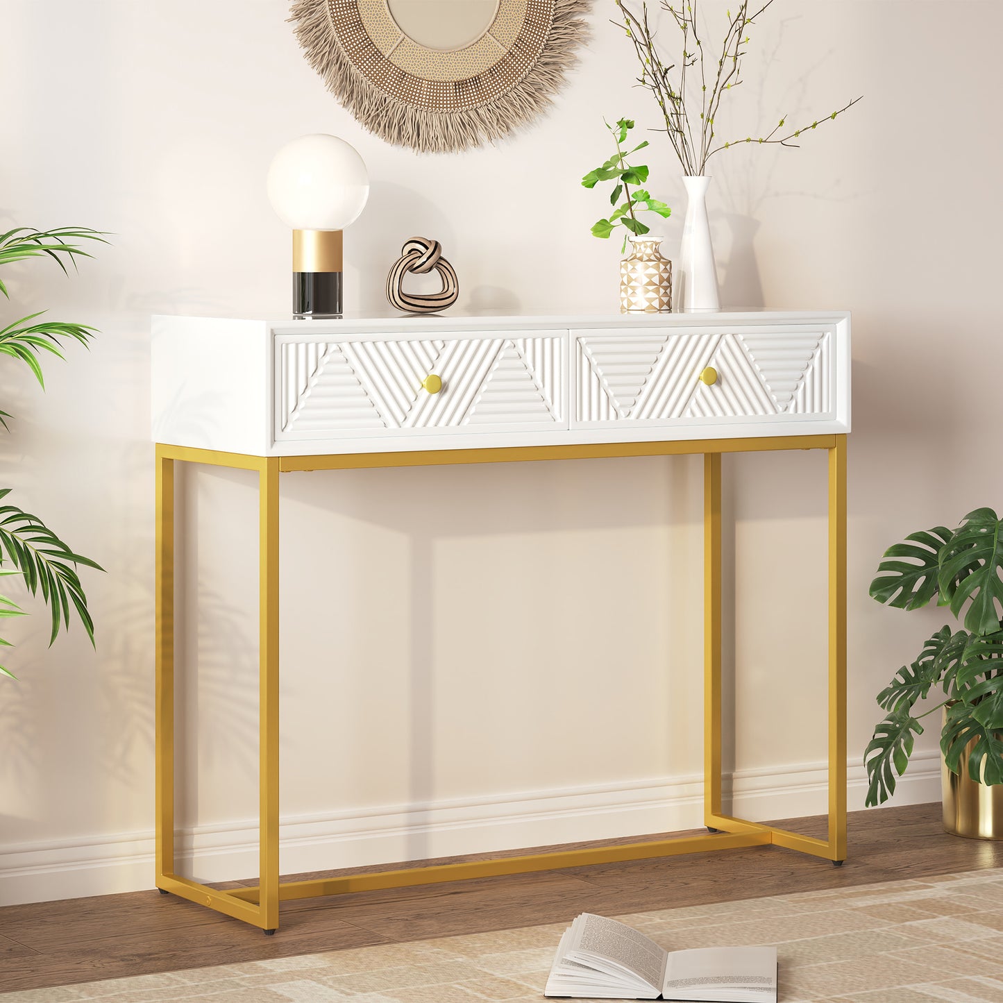 Jessalyn Modern 2-Drawer Console Table with Gold Legs, White