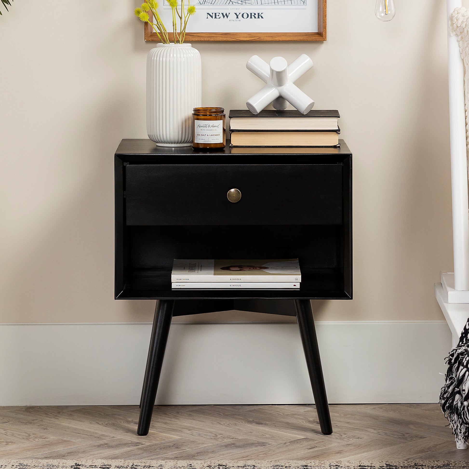 Bonnie Mid-Century Modern Single-Drawer Solid Wood Nightstand - Black