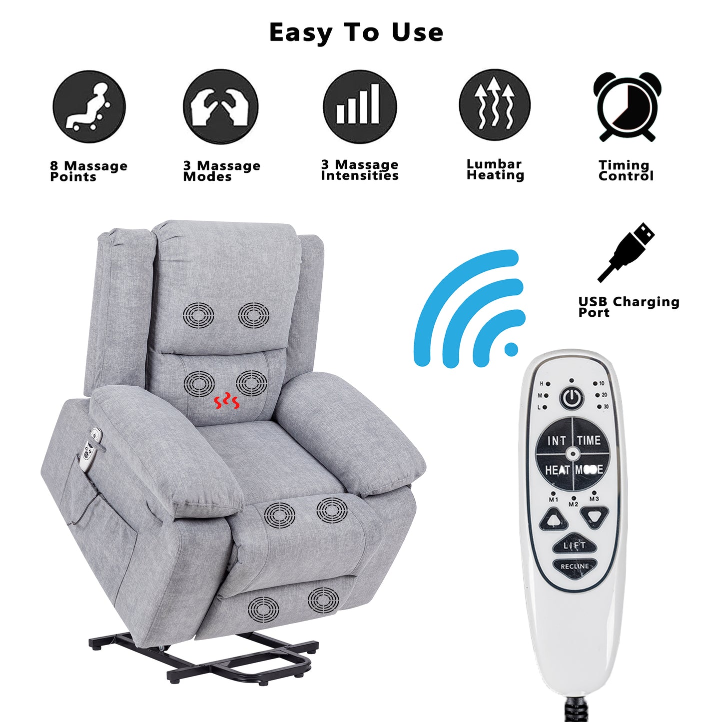 Elgen Power Lift Recliner with Massage & Heat, Light Gray