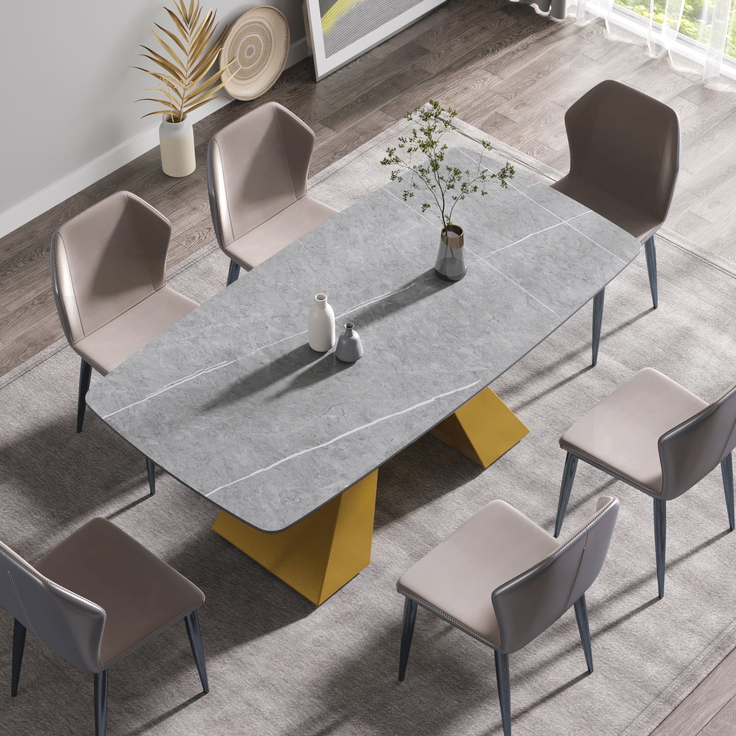 Rivers 71" Modern Gray Sintered Stone Dining Table with Gold Base