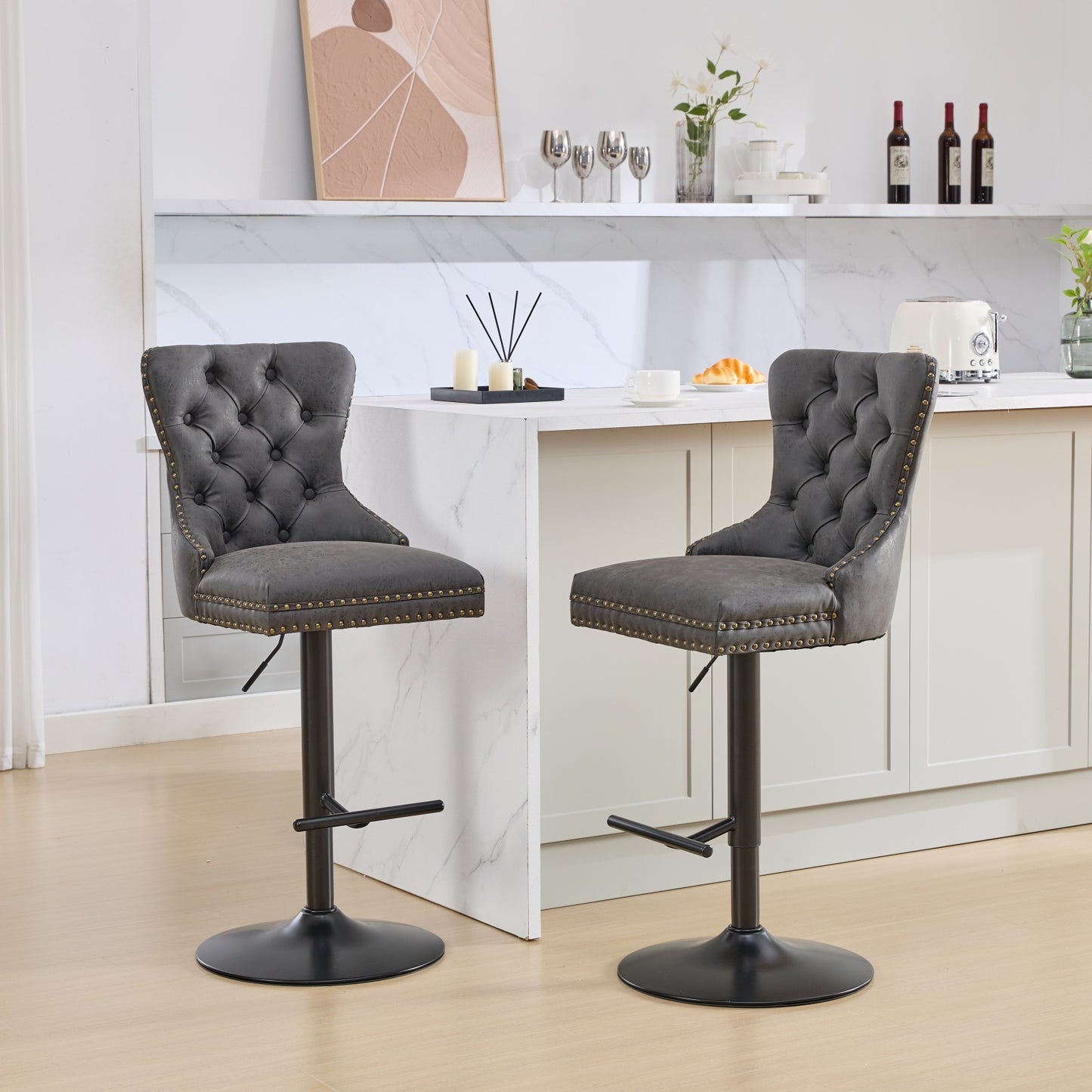 Lenora PU Leather Adjustable Bar Stools with Black Legs Set of 2 Gray