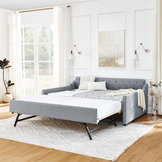 Piper Full Size Linen Daybed with Pop-up Trundle, Gray