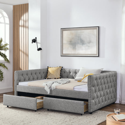 Simpson Full Size Contemporary Tufted Linen Daybed with Drawers, Gray