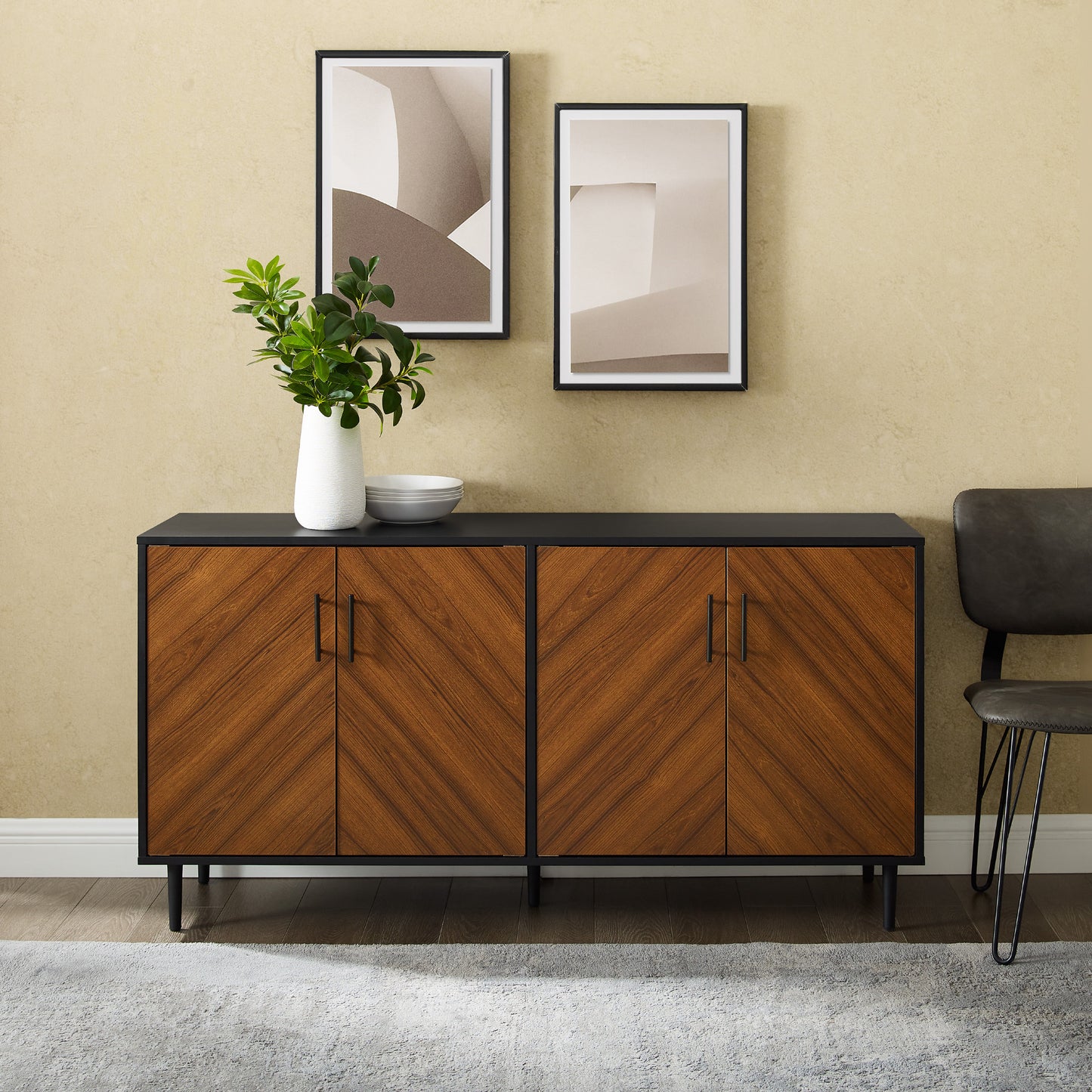 Cassandra Mid-Century Modern Faux-Bookmatch Door Buffet - Acorn Bookmatch / Solid Black