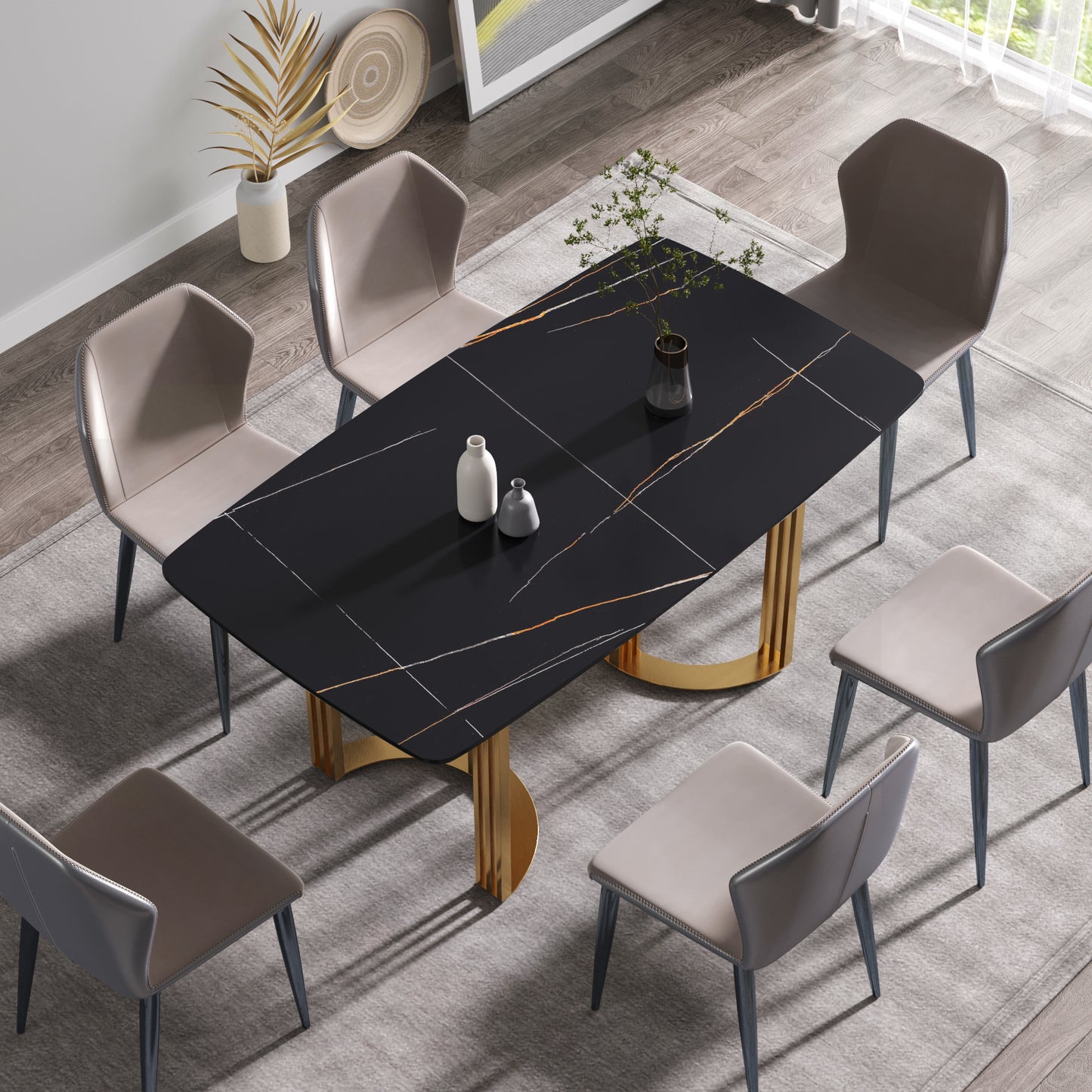 Moto 63" Black Sintered Stone Dining Table with Gold Base