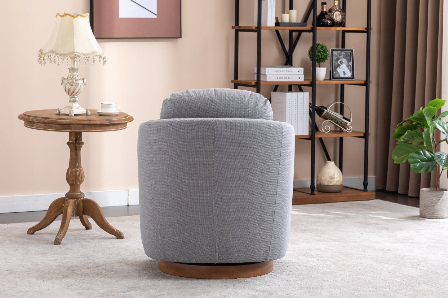 Barley Linen Swivel Accent Chair with Wooden Base - Gray