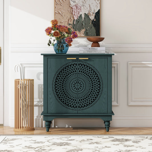 Finley Modern Hollow-Carved 2-Door Accent Cabinet in Blackish Green