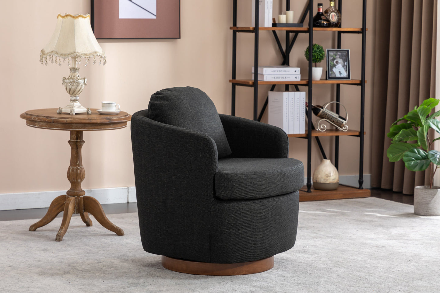 Barley Linen Swivel Accent Chair with Wooden Base - Black