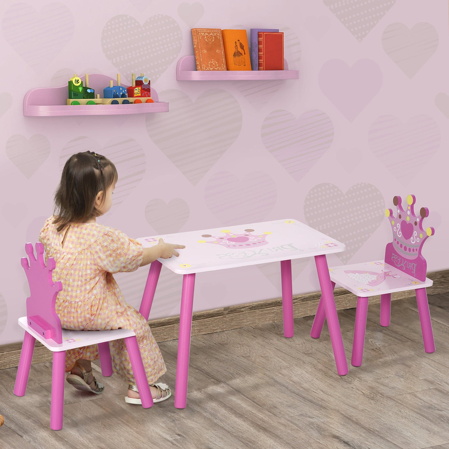 Qaba 3-Piece Kids Wooden Table and Chair Set with Crown Pattern