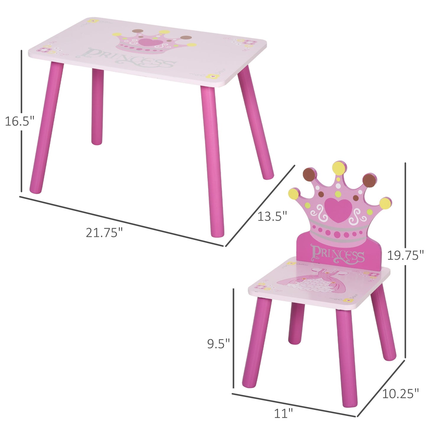 Qaba 3-Piece Kids Wooden Table and Chair Set with Crown Pattern