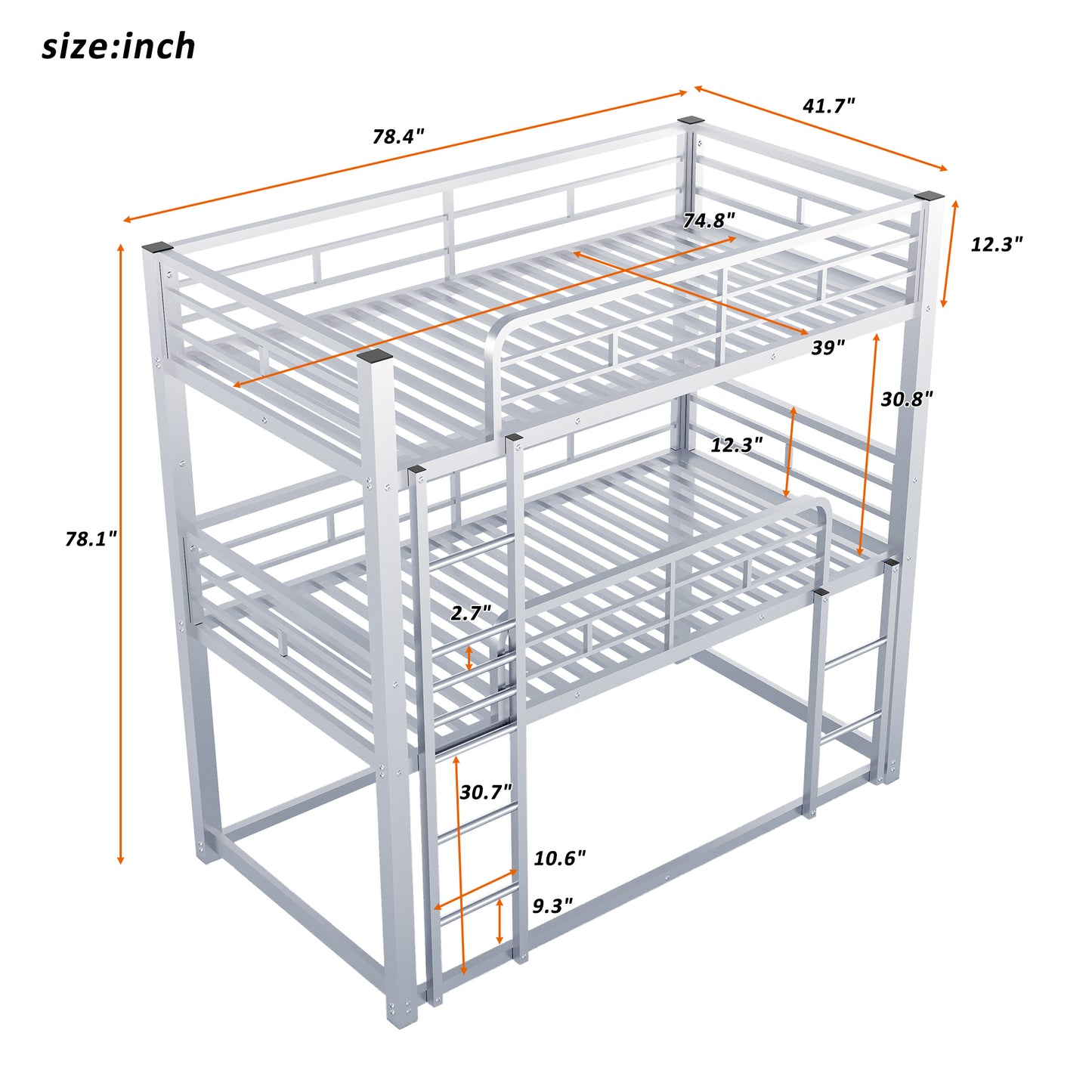 James Twin Size Metal Triple Bunk Bed, Silver