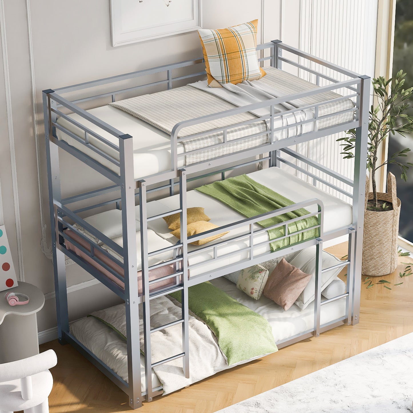 James Twin Size Metal Triple Bunk Bed, Silver