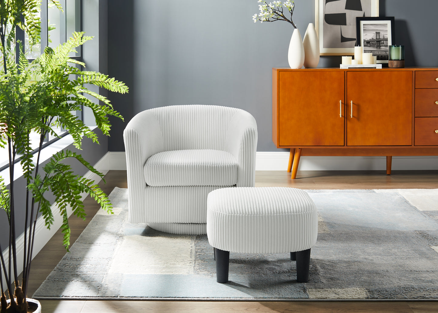 Xara Modern Corduroy Upholstered Chair & Ottoman Set, White