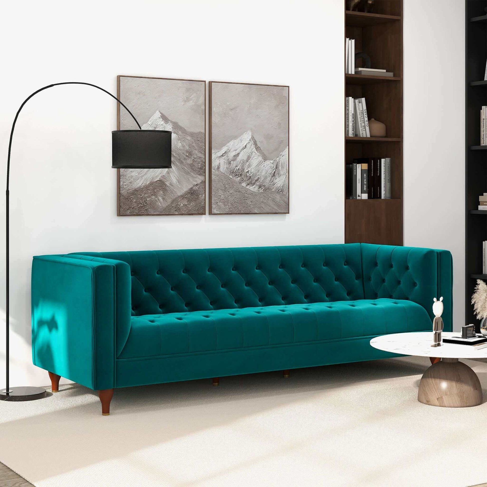 Evelyn Mid Century Modern Teal Velvet Luxury Chesterfield Sofa