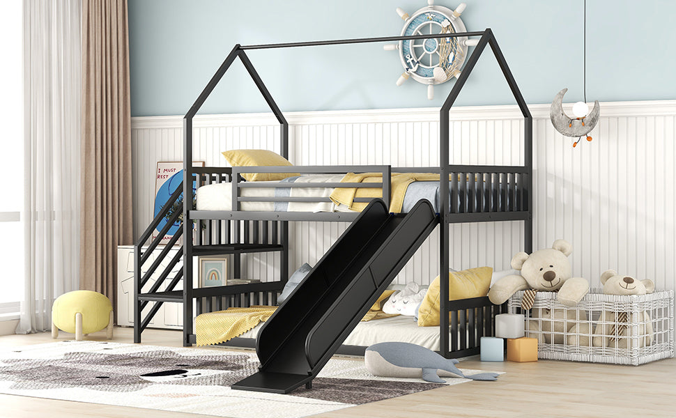 Daniel Twin over Twin Metal Bunk Bed House Bed with Slide and Staircase, Black