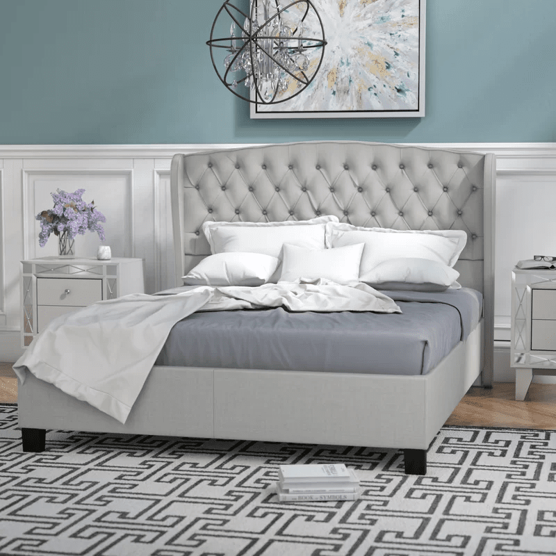 Zinnia Transitional King Platform Bed with Demi-Wing Headboard, Gray