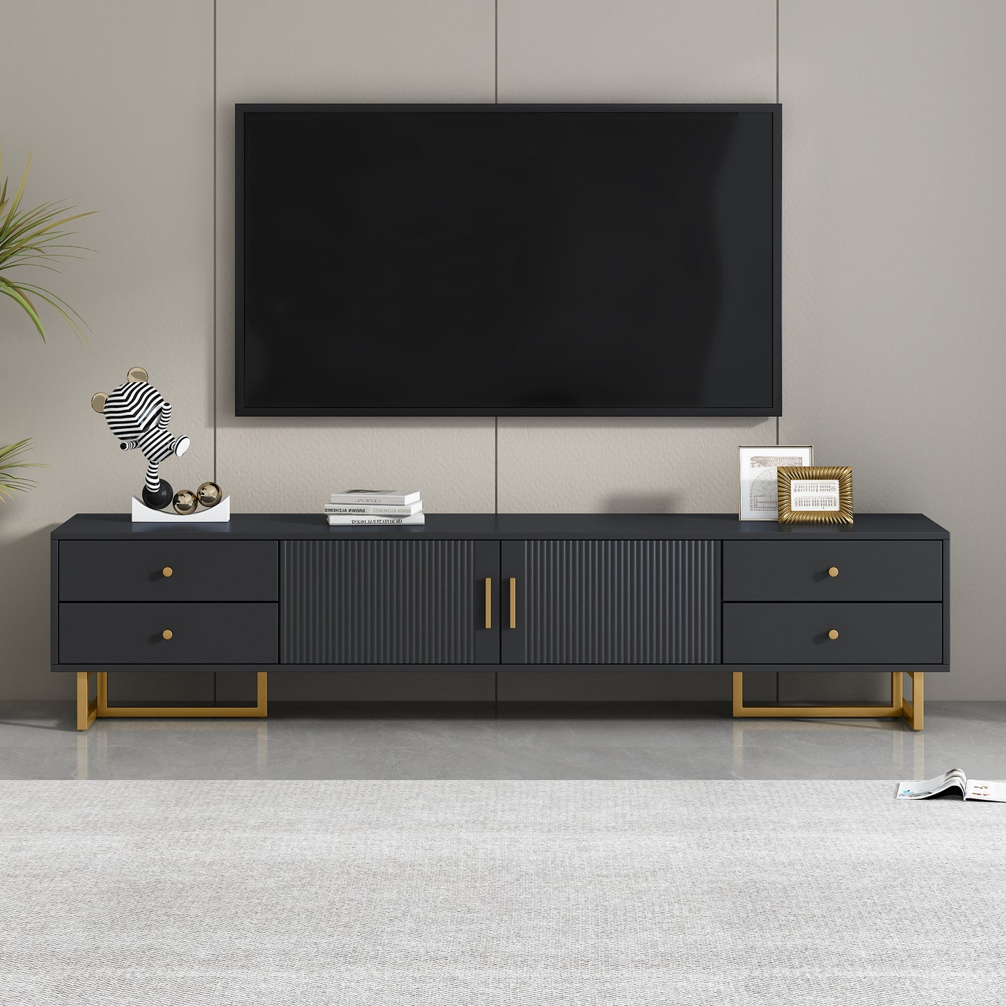 Hazel 71' Modern TV Stand with Gold Legs, Black