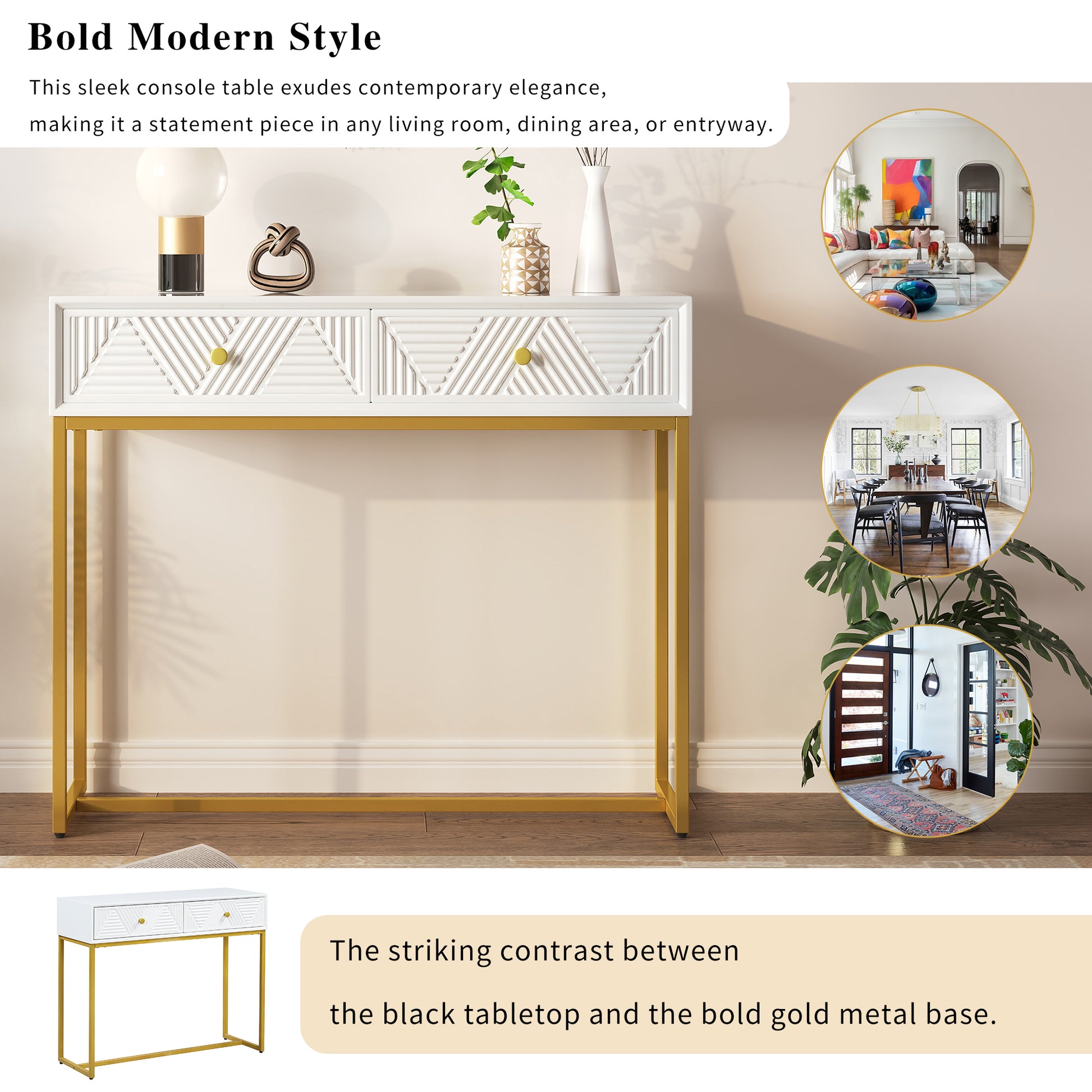 Jessalyn Modern 2-Drawer Console Table with Gold Legs, White