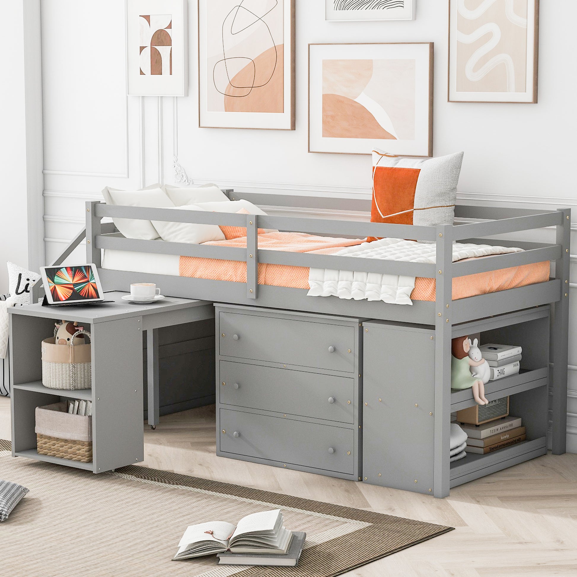 Brittany Twin Size Loft Bed with Retractable Writing Desk and 3 Drawers, Gray