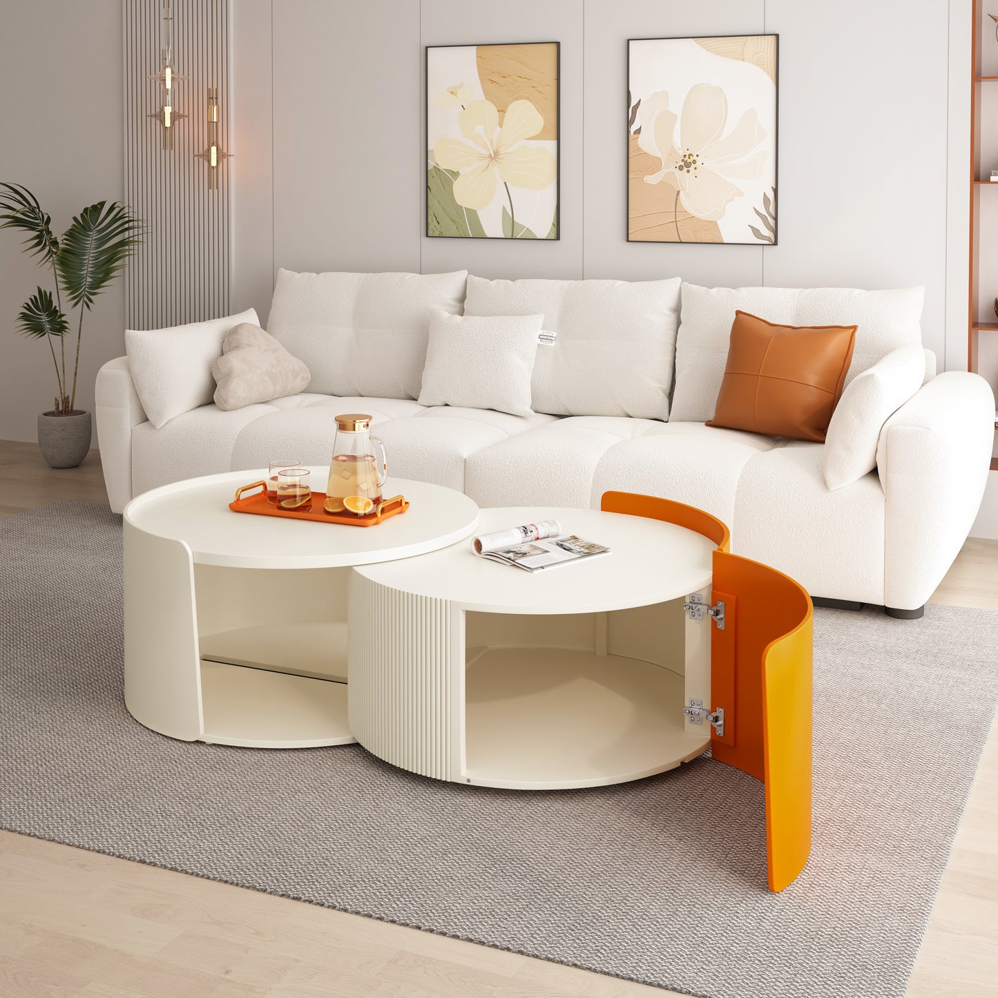 Noralie Modern Nesting Tables with Extendable Top, White & Orange