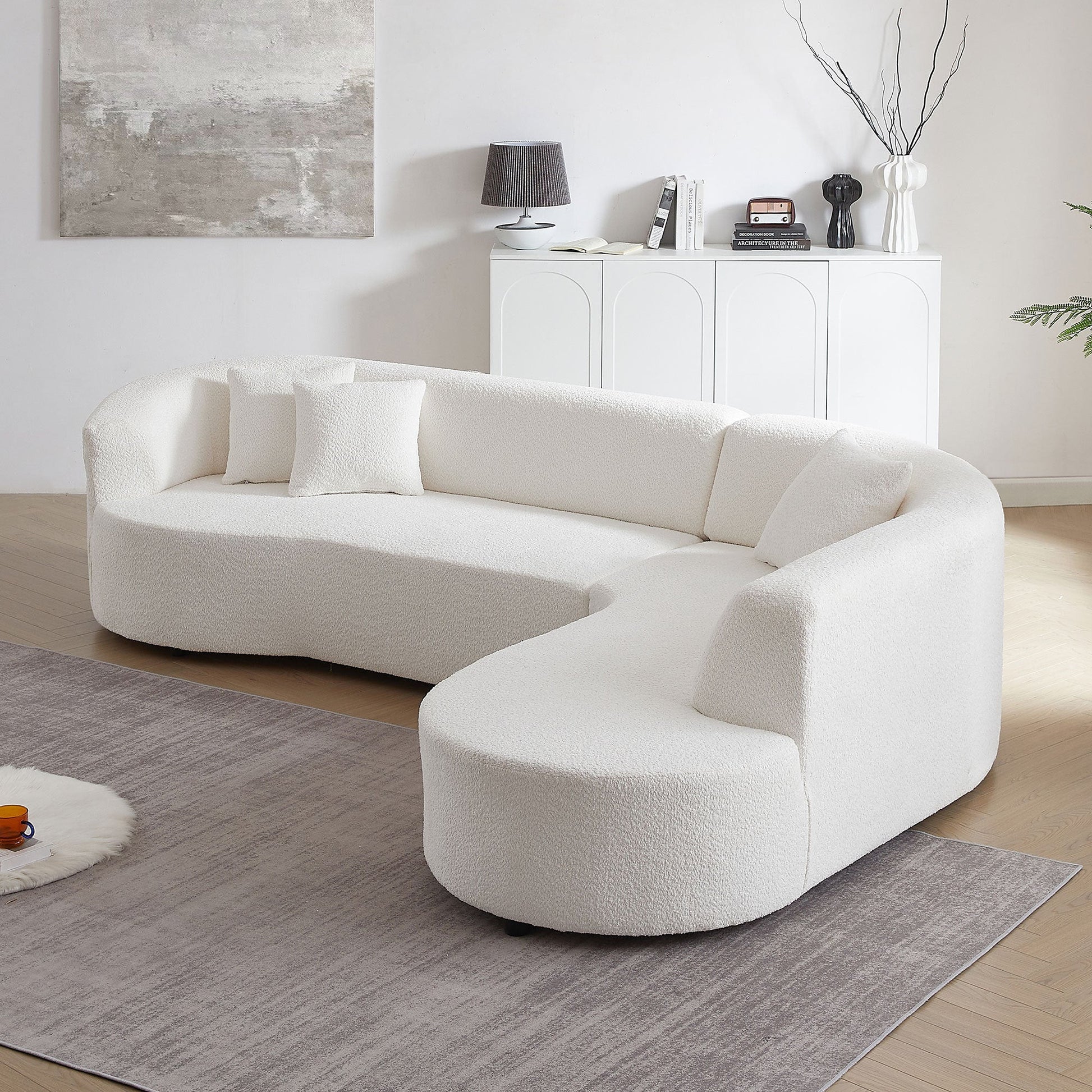 Kassian Modern Curved Sectional in White Boucle Upholstery