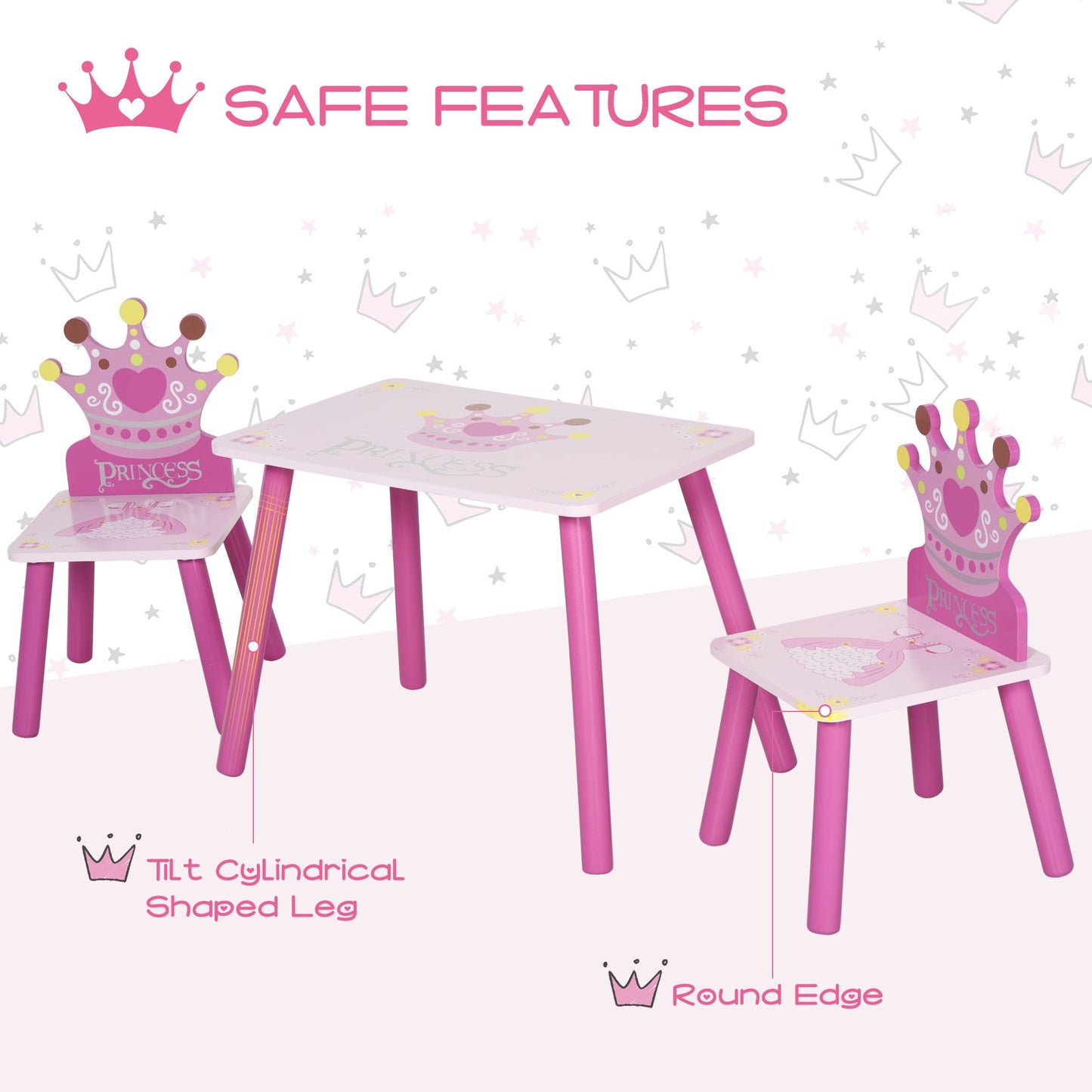 Qaba 3-Piece Kids Wooden Table and Chair Set with Crown Pattern