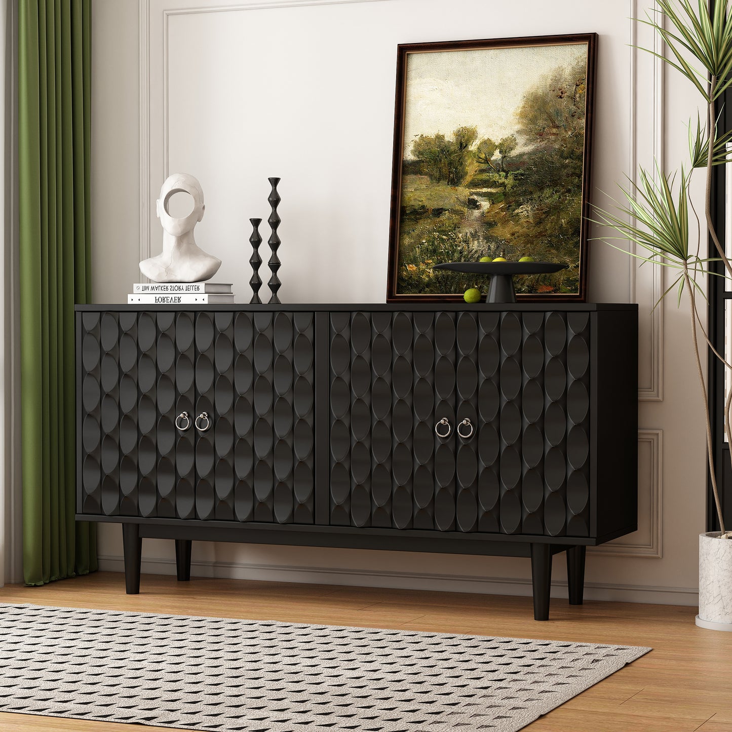 Elara Modern Convex Pattern Cabinet with 4-Drawers, Black