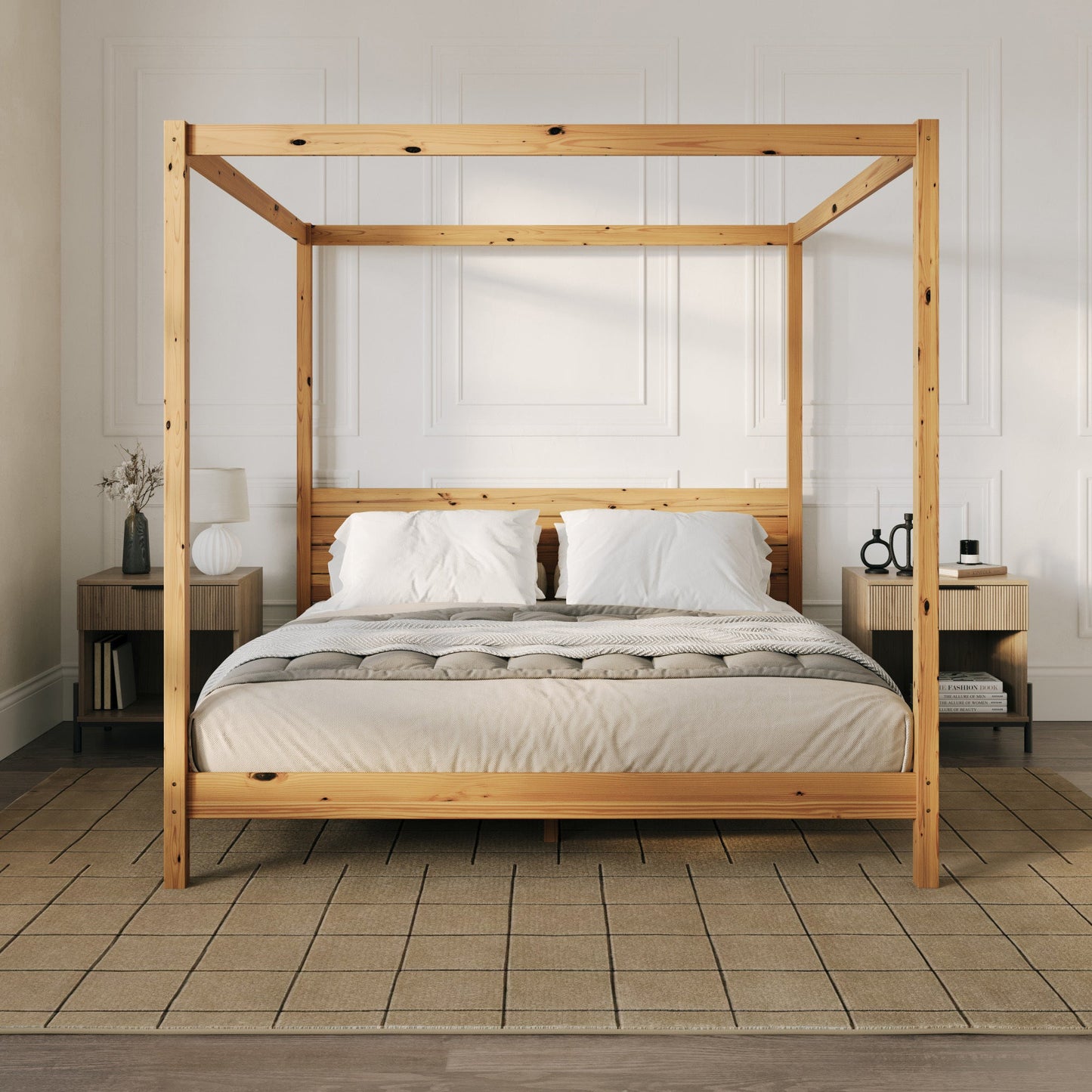 Taylor Modern Minimalist Boho King Canopy Bedframe – Natural Pine