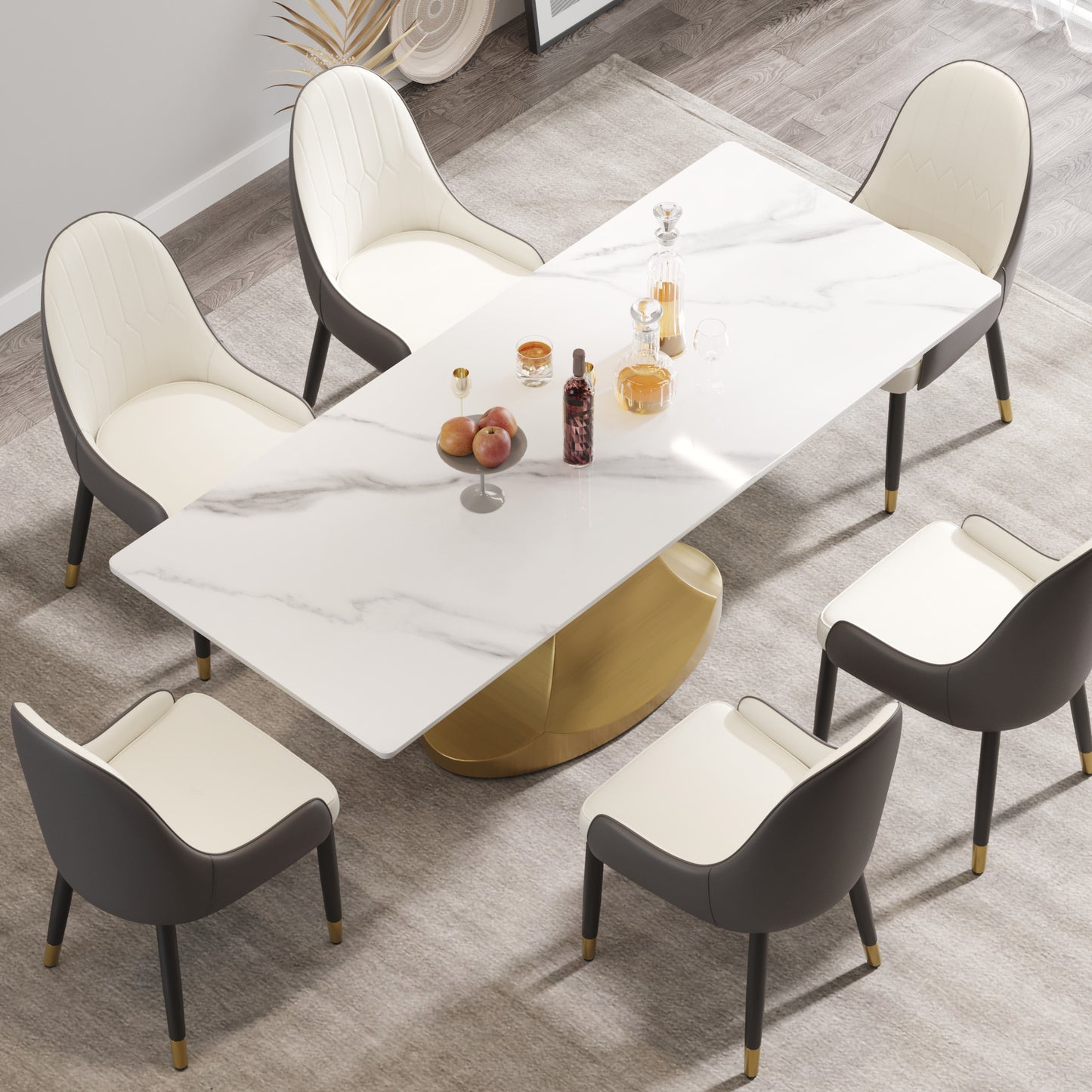 Calypso 78" Modern Faux Marble Dining Table, White & Gold