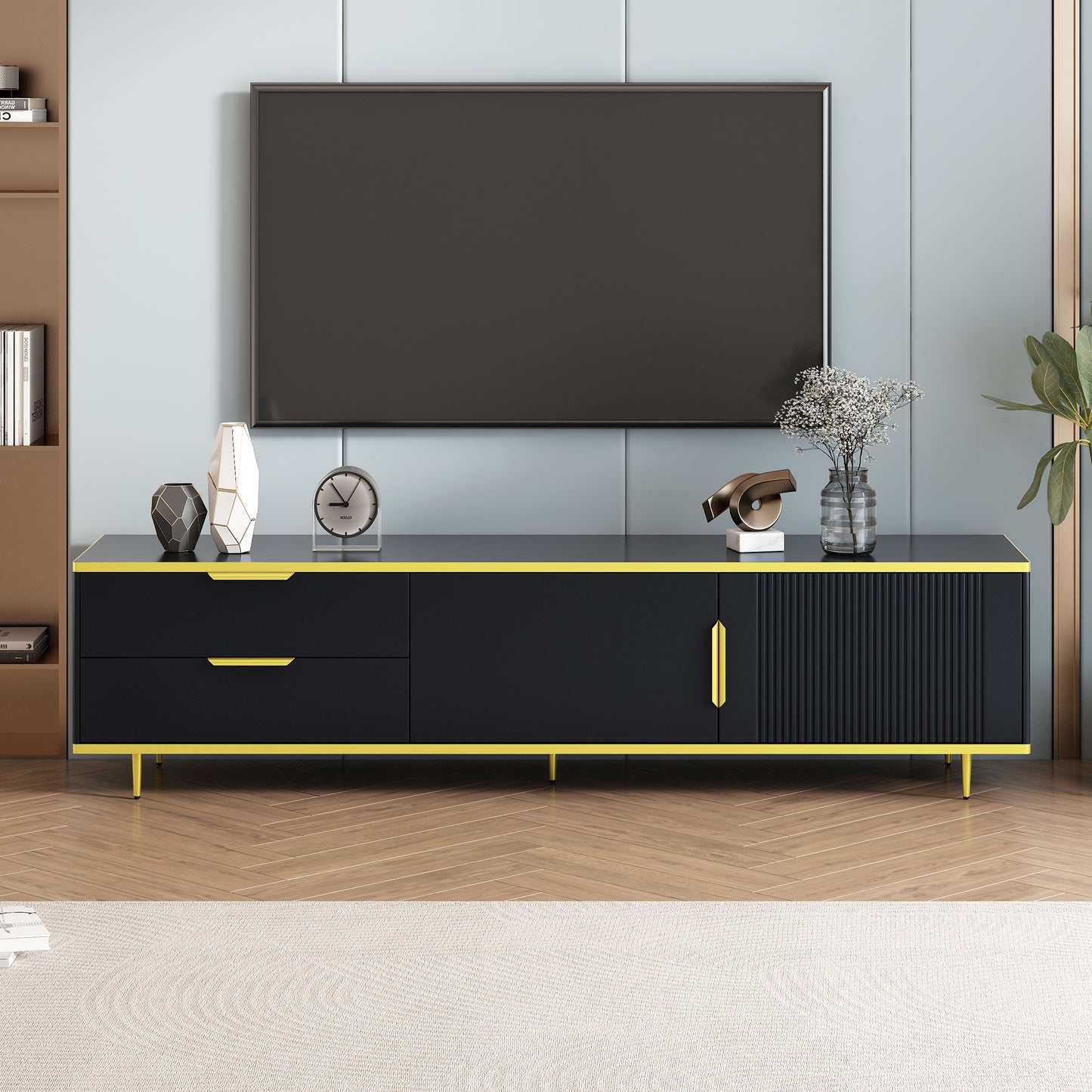 Florian Modern High Gloss TV Stand, Black & Gold