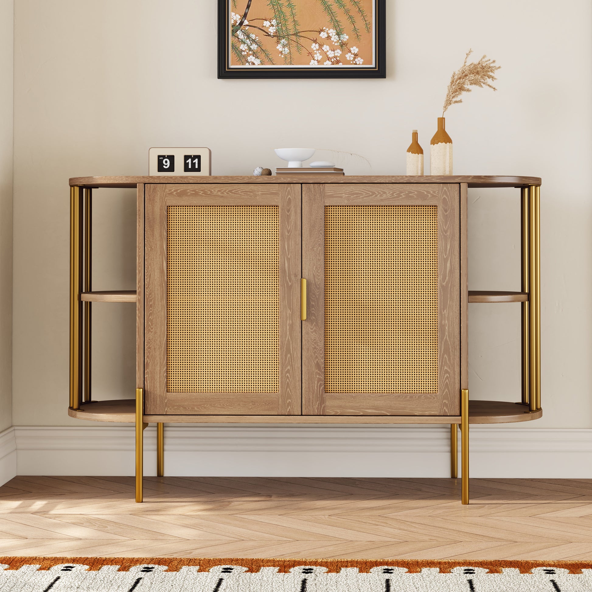 Dinara Elegant Curved Cabinet with Gold Trim & Rattan Doors, Natural