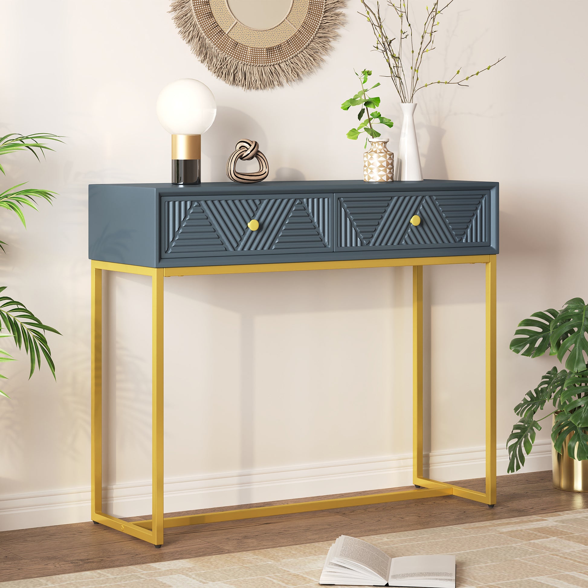 Jessalyn Modern 2-Drawer Console Table with Gold Legs, Gray