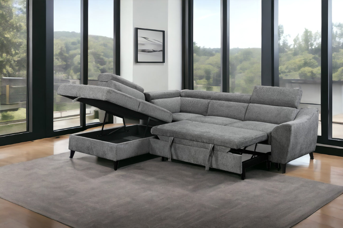 Wrenley Gray Chenille Sectional Sofa with Sleeper & Storage