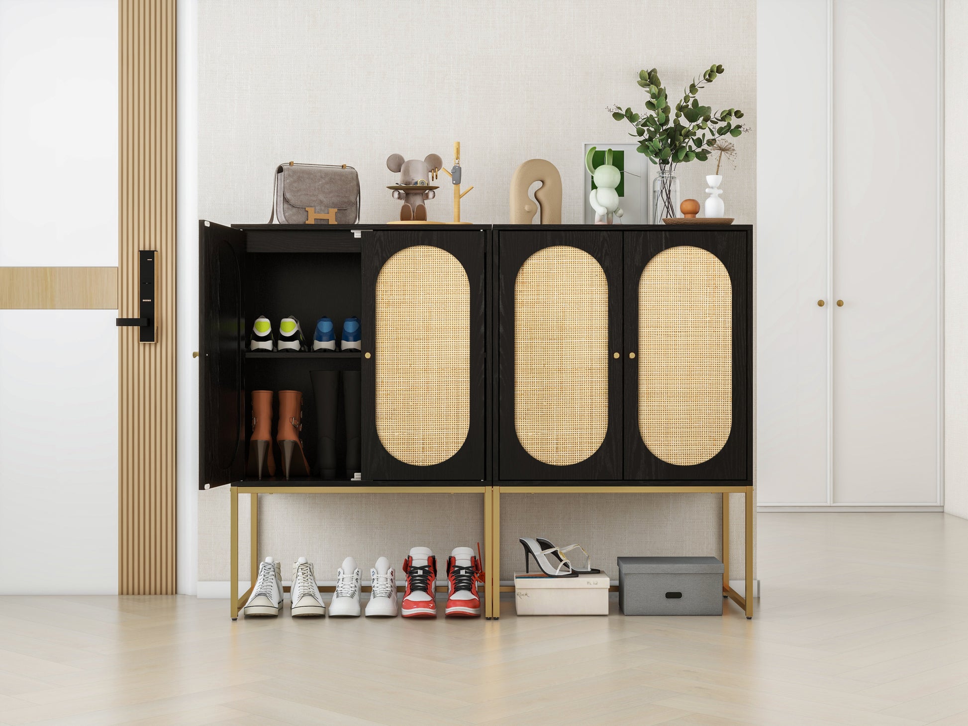 Allen Set of 2 High Cabinets in Black with Rattan Doors & Gold Legs