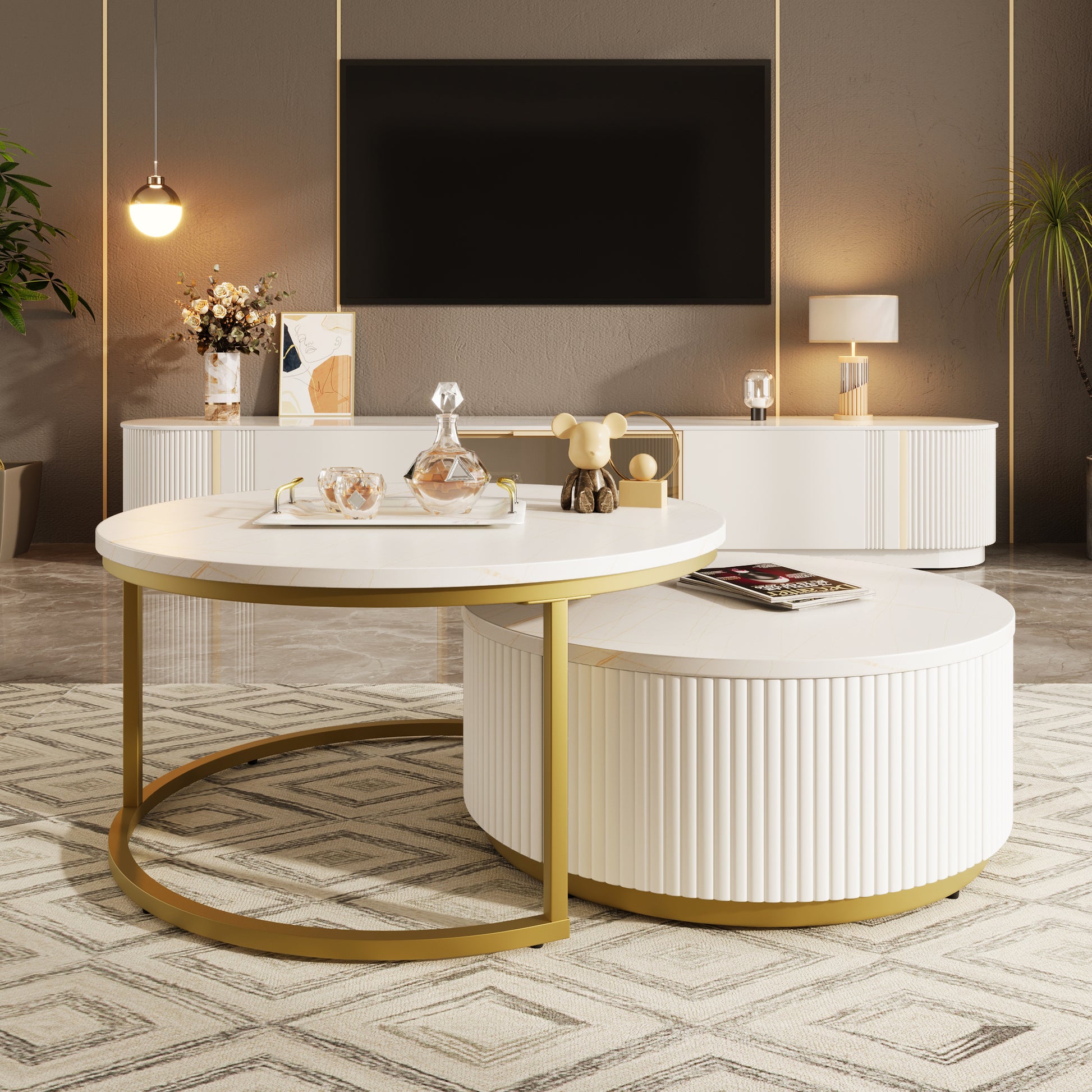 Maggie Modern Round Nesting Coffee Table Fluted with Drawer in White & Gold in 31.5''