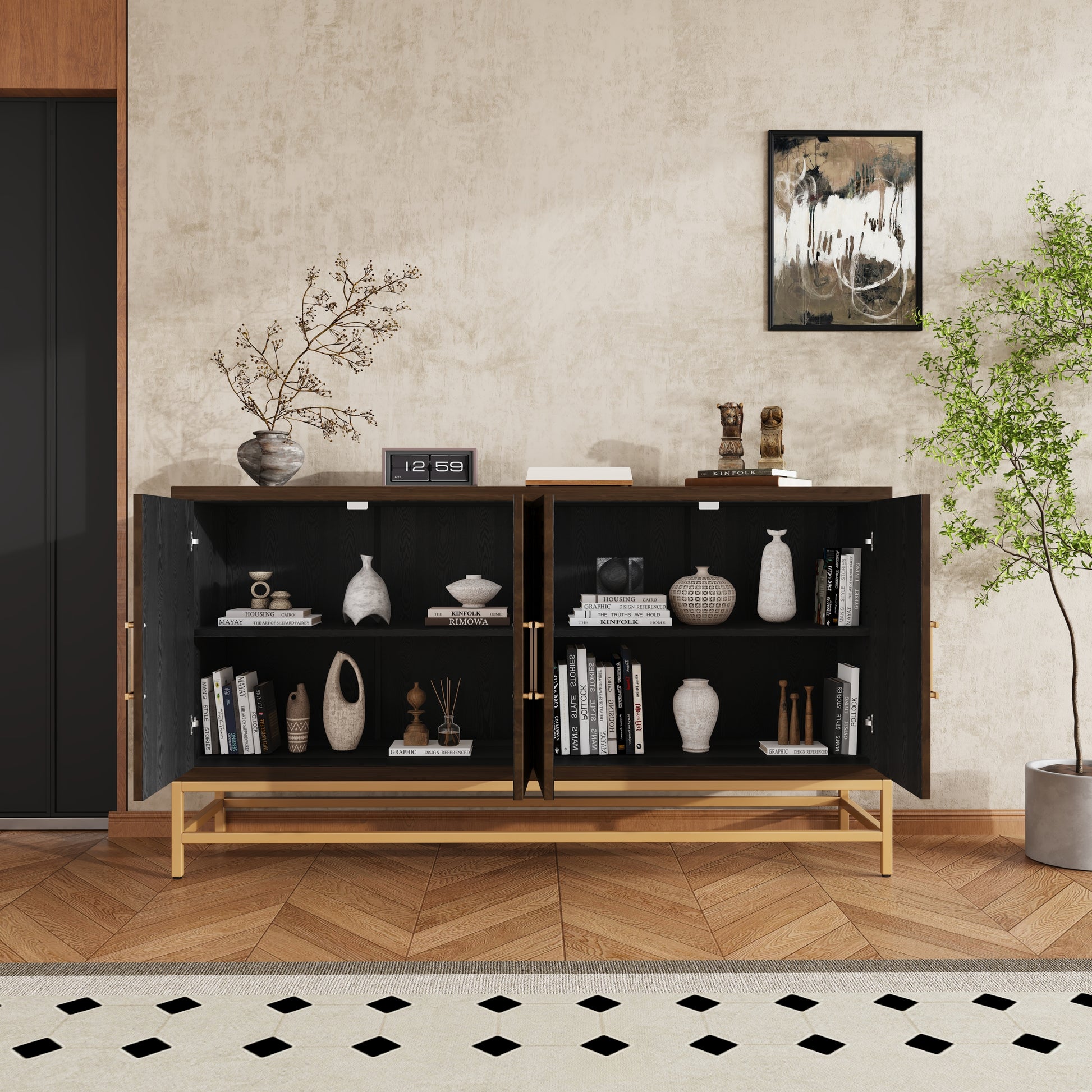 Nixie Mid-Century Modern Cabinet with Gold Legs, Black