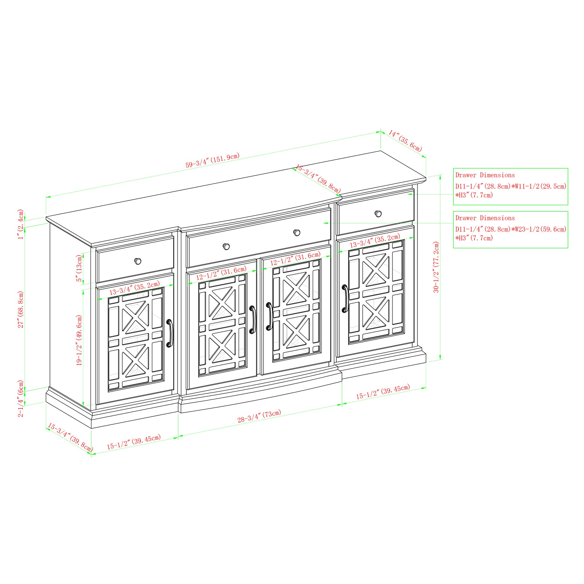 Faye Classic Fretwork Detailed Glass-Door Sideboard - Dark Teal